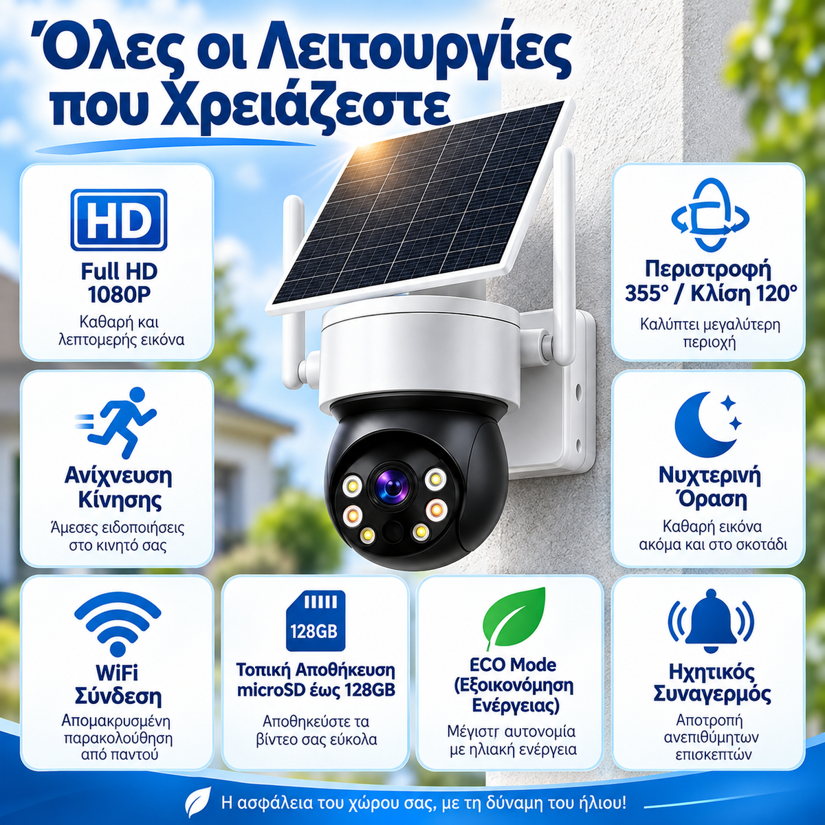 Ηλιακή Κάμερα Ασφαλείας WiFi PTZ – 1080P Full HD • IP66 • iCSee