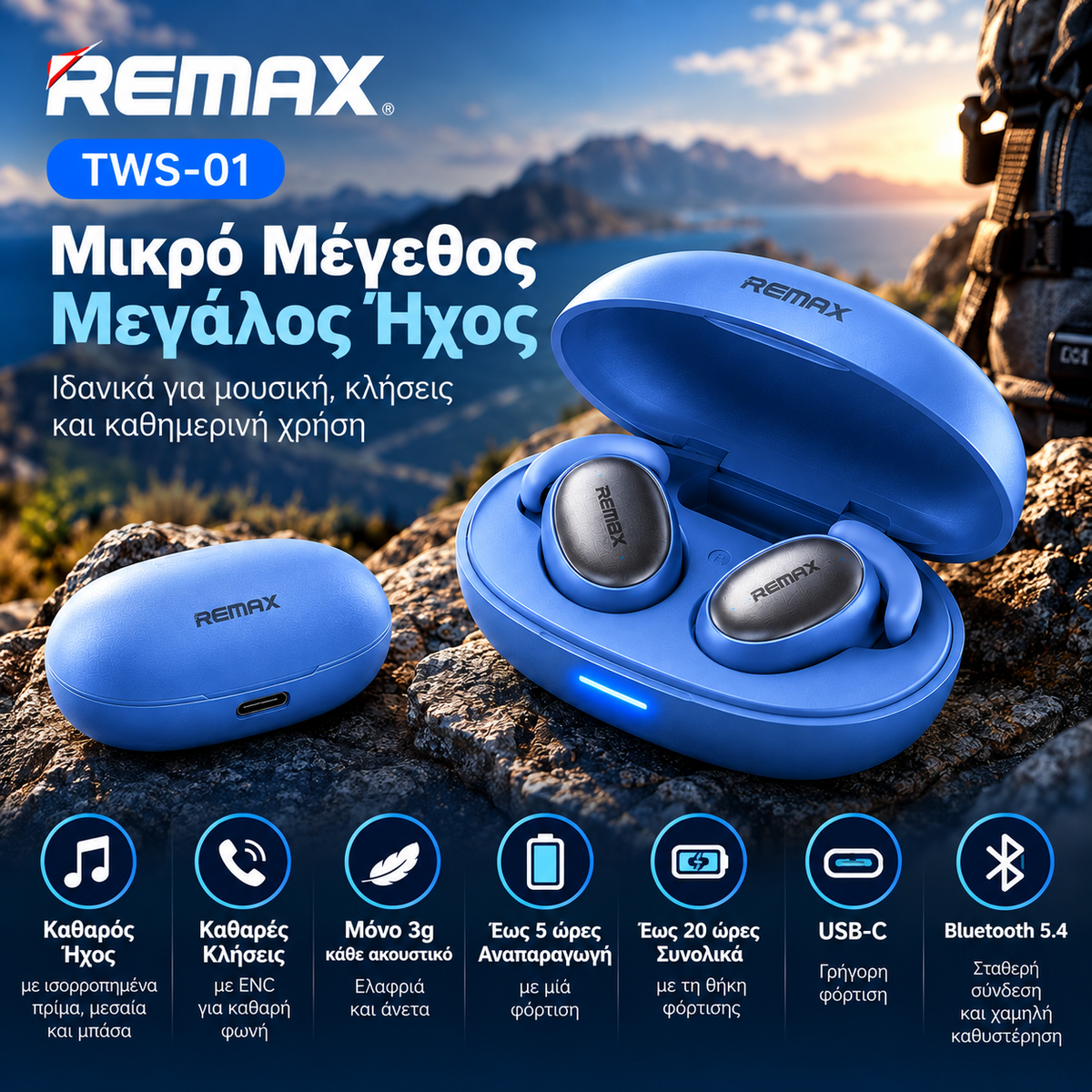 REMAX TWS-01 Ασύρματα Ακουστικά Bluetooth 5.4 με ENC