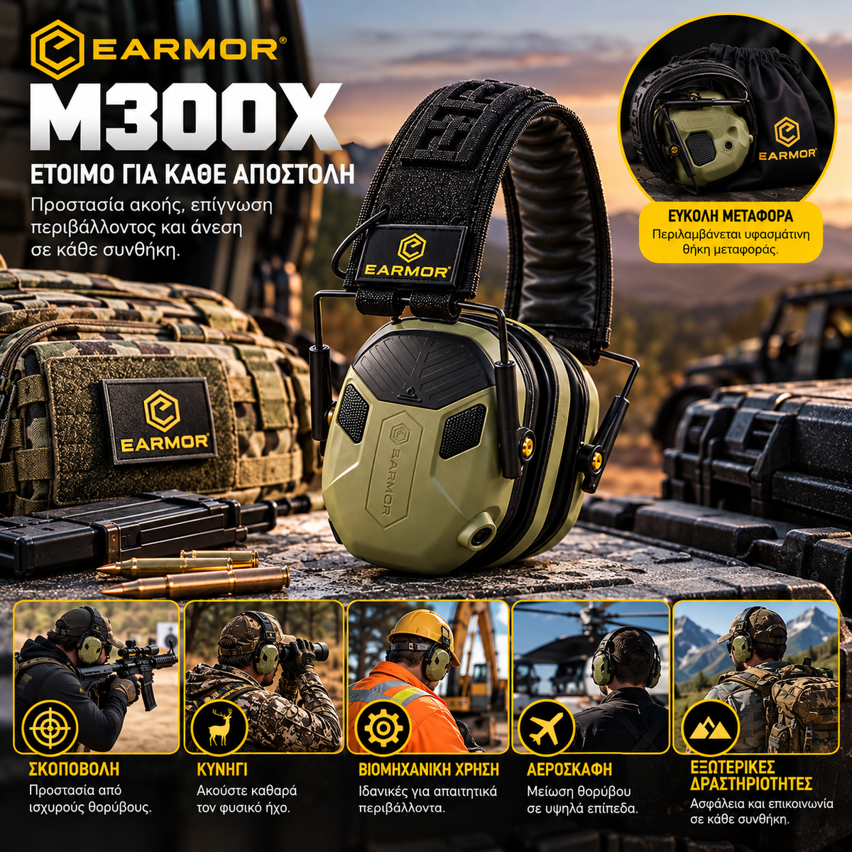 EARMOR M300X Ηλεκτρονικές Ωτοασπίδες Σκοποβολής – 4 Μικρόφωνα 360°