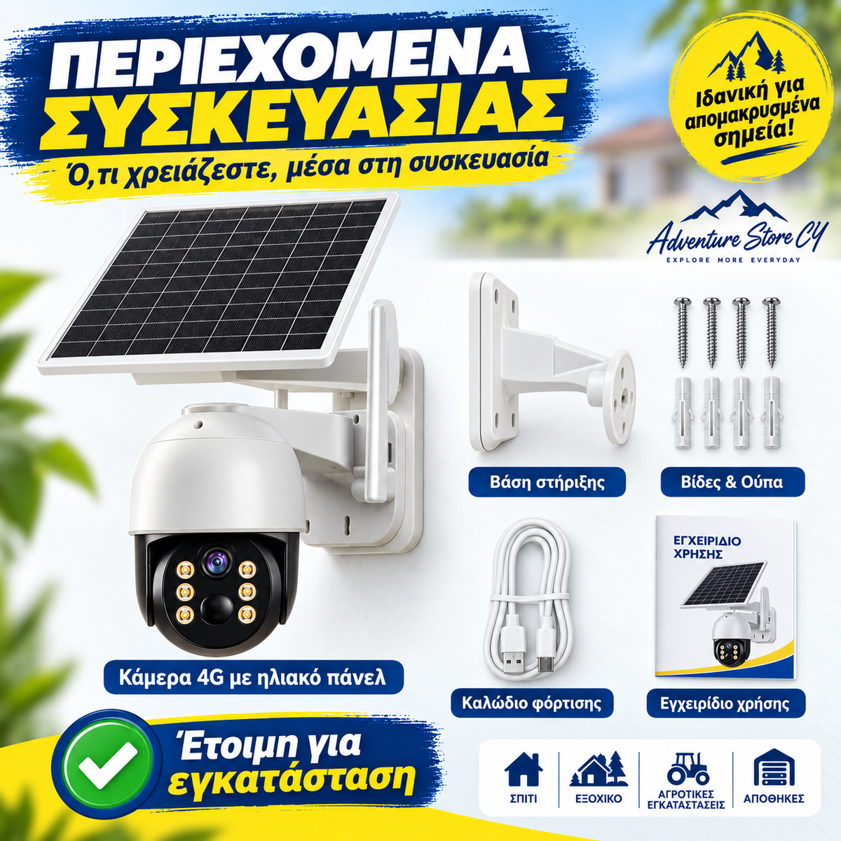 Ηλιακή Κάμερα Ασφαλείας 4G SIM PTZ – 1080P Full HD • IP66 • Χωρίς WiFi