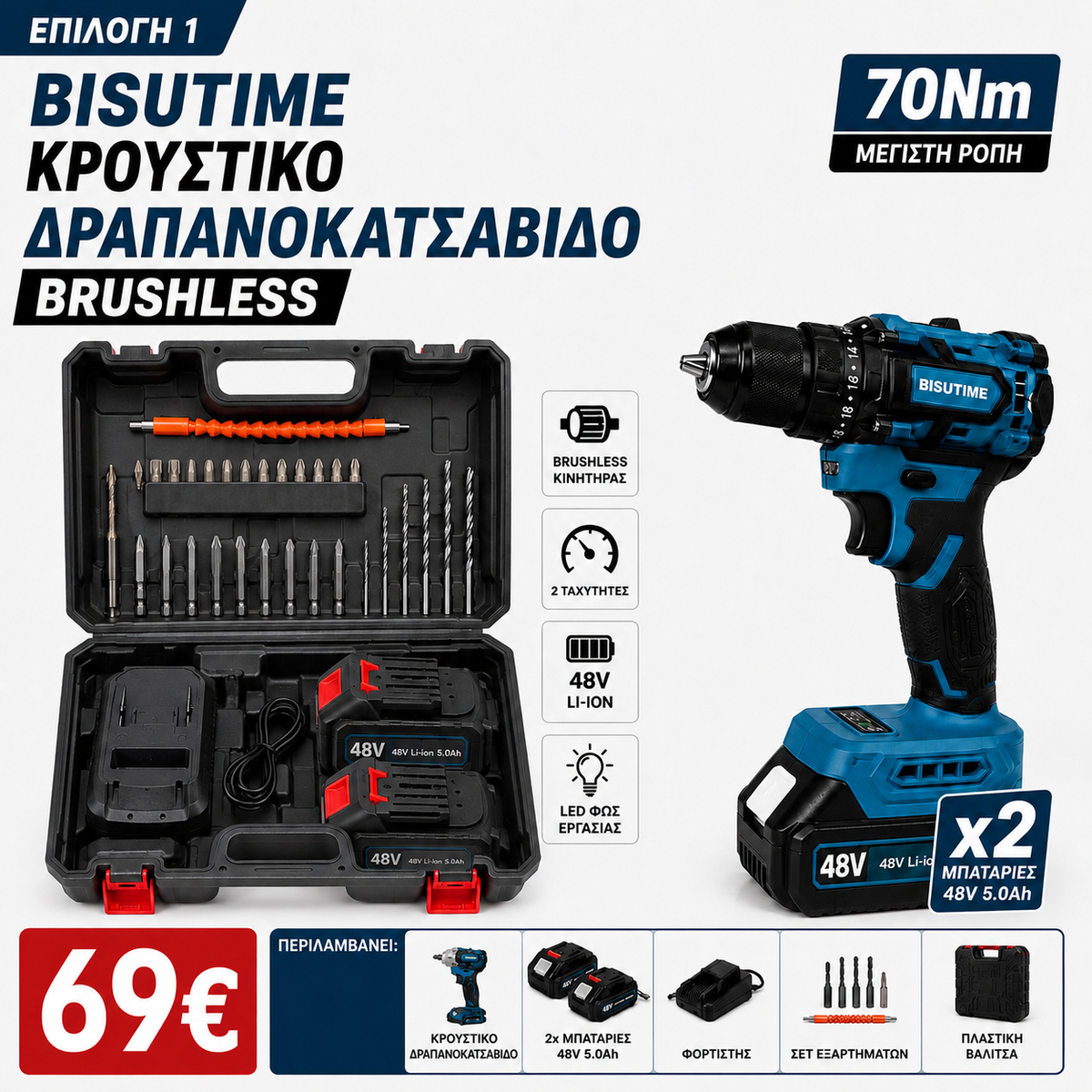 BISUTIME Brushless Tool Set – 520Nm Impact Wrench & Drill/Driver with 2 Batteries | 2 Options