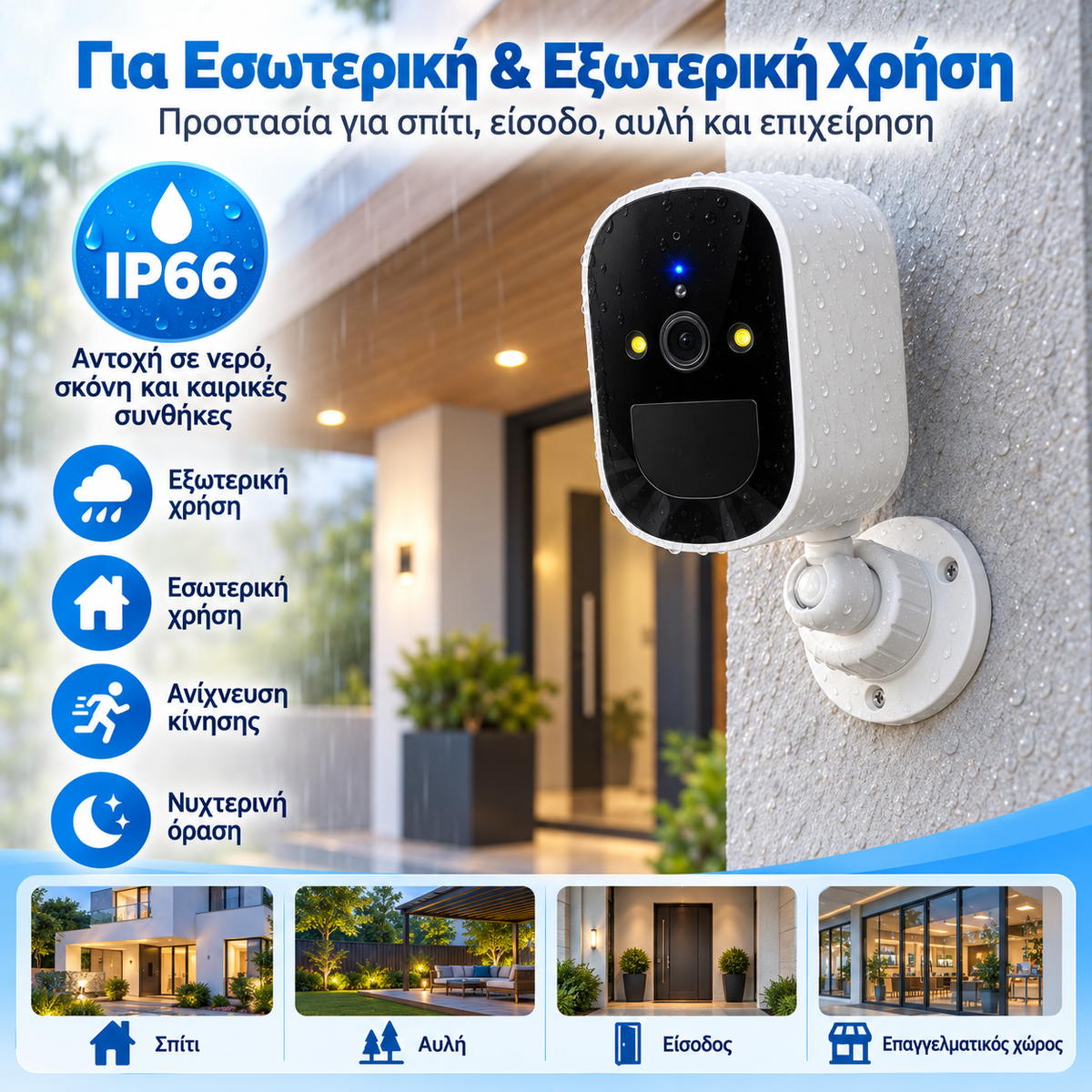Ασύρματη WiFi Κάμερα Μπαταρίας Εξωτερικού Χώρου – IP66, PIR & Night Vision