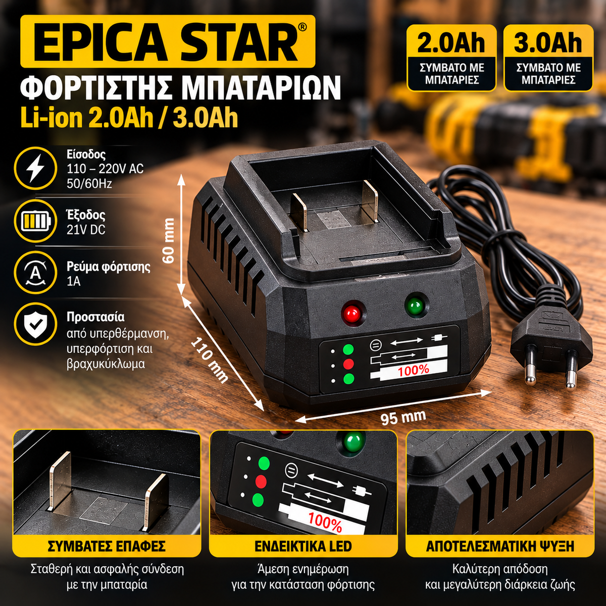EPICA STAR Φορτιστής Μπαταριών Li-ion 21V – 2.0Ah / 3.0Ah