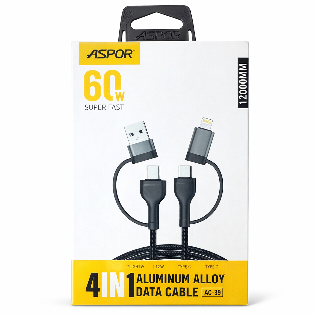 4-in-1 Super Fast Charging Cable 60W – USB / Lightning / Type-C / Micro USB (1.2m)
