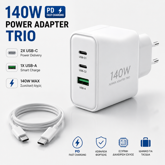 140W Trio Super Fast Charger με 2× USB-C & 1× USB-A