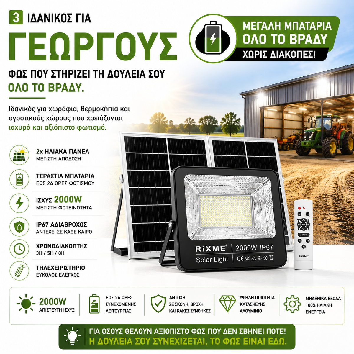 RIXME Ηλιακός Προβολέας 2000W IP67 με Διπλό Πάνελ & Τηλεχειριστήριο