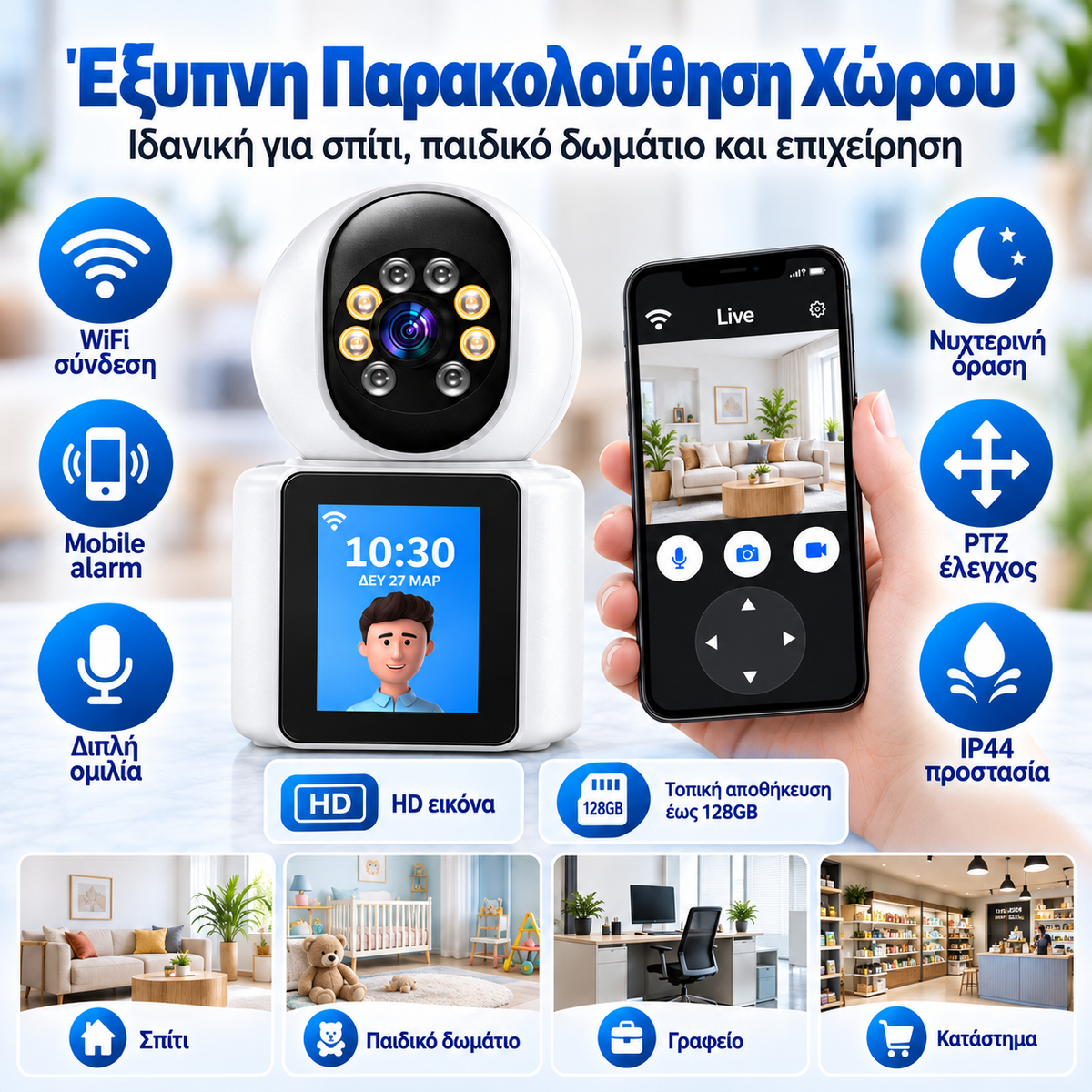 WiFi PTZ Κάμερα Εσωτερικού Χώρου με Οθόνη & Video Call – HD
