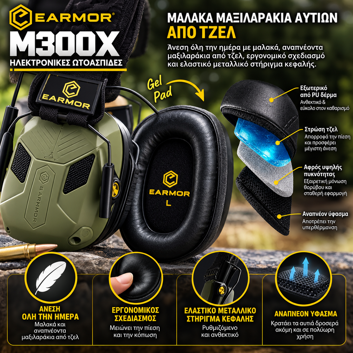 EARMOR M300X Ηλεκτρονικές Ωτοασπίδες Σκοποβολής – 4 Μικρόφωνα 360°