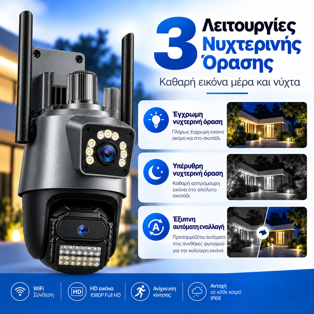 WiFi PTZ Κάμερα Ασφαλείας Διπλού Φακού 1080P – 355° • IP66