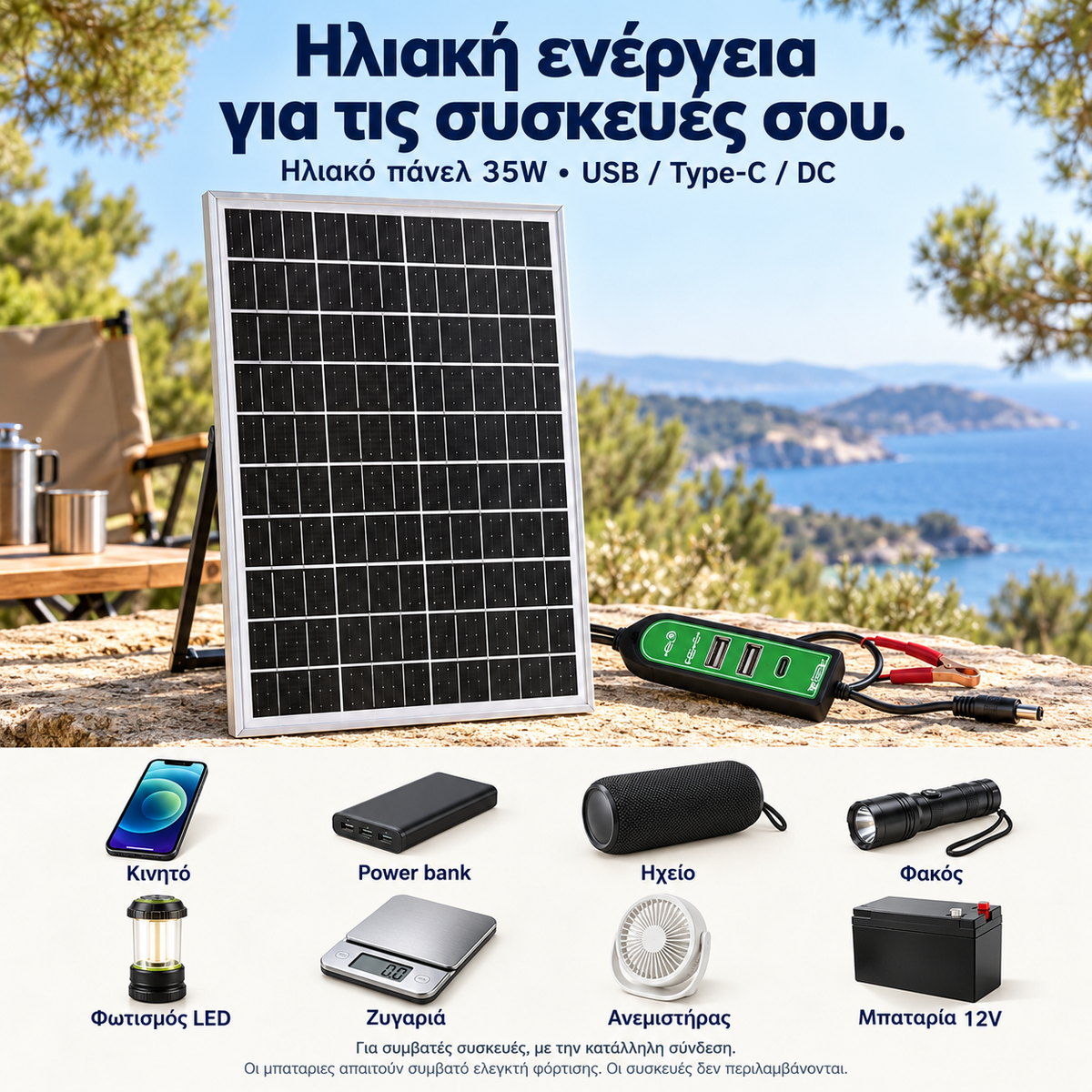 Ηλιακό Πάνελ Φόρτισης 35W με USB, Type-C & DC – Για Κινητά, Power Banks & Φορητές Συσκευές