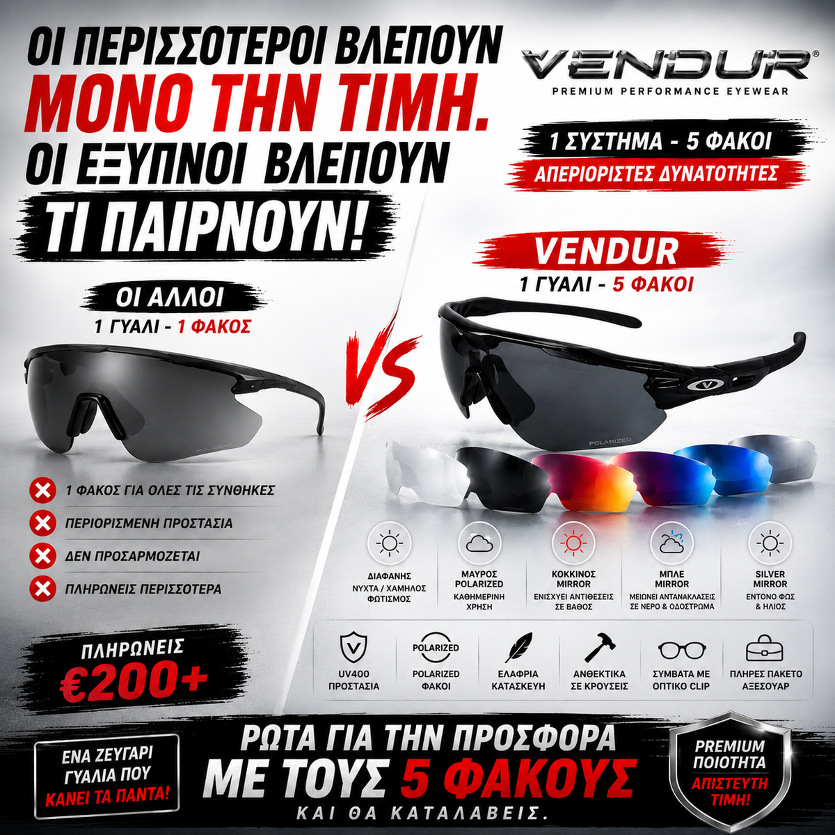 Vendur® Γυαλιά Ηλίου UV400 Polarized με 5 Φακούς