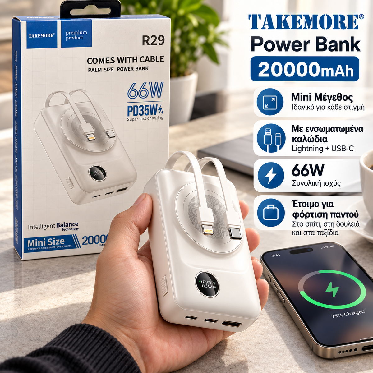 TAKEMORE Mini Power Bank 20.000mAh – Μαγνητική Φόρτιση & Ενσωματωμένα Καλώδια