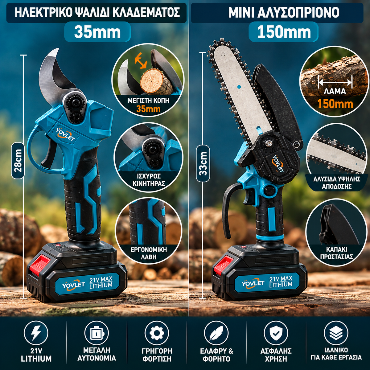 Σετ Ηλεκτρικό Ψαλίδι Κλαδέματος 35mm & Mini Αλυσοπρίονο 150mm με 2 Μπαταρίες