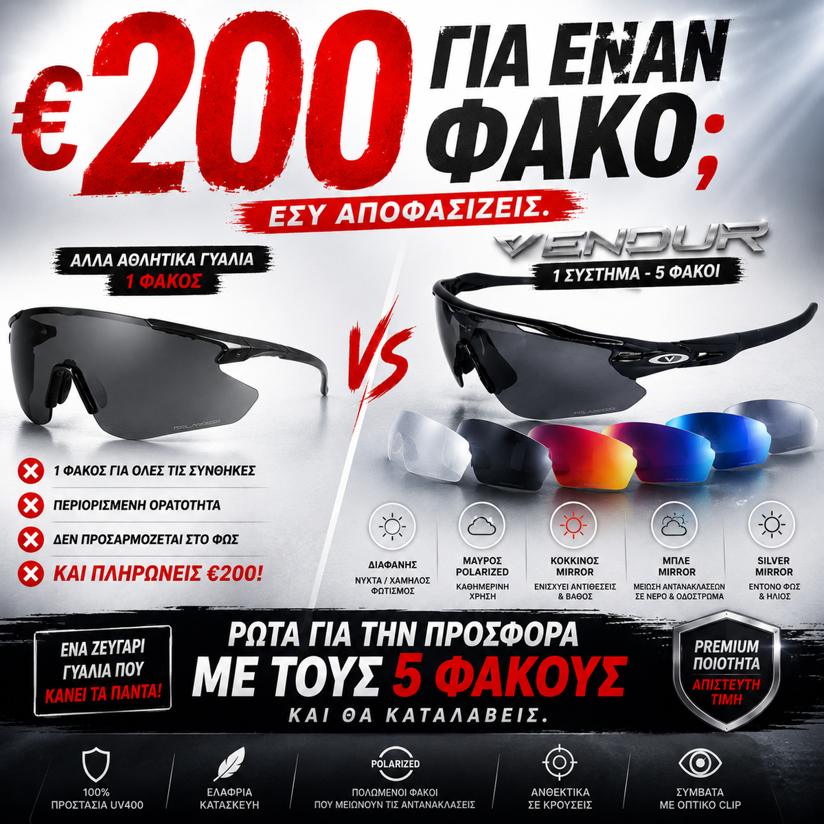 Vendur® Γυαλιά Ηλίου UV400 Polarized με 5 Φακούς