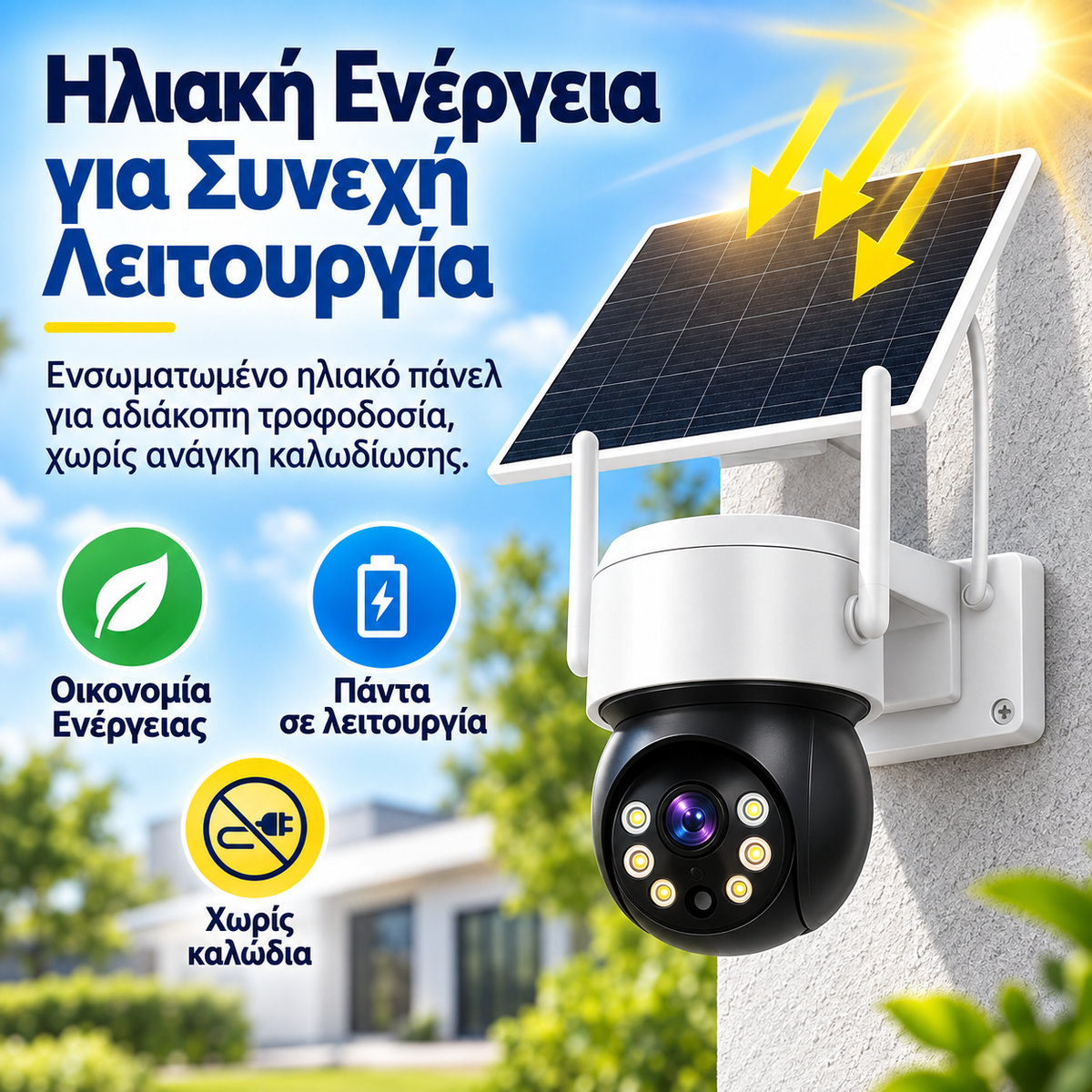 Ηλιακή Κάμερα Ασφαλείας WiFi PTZ – 1080P Full HD • IP66 • iCSee