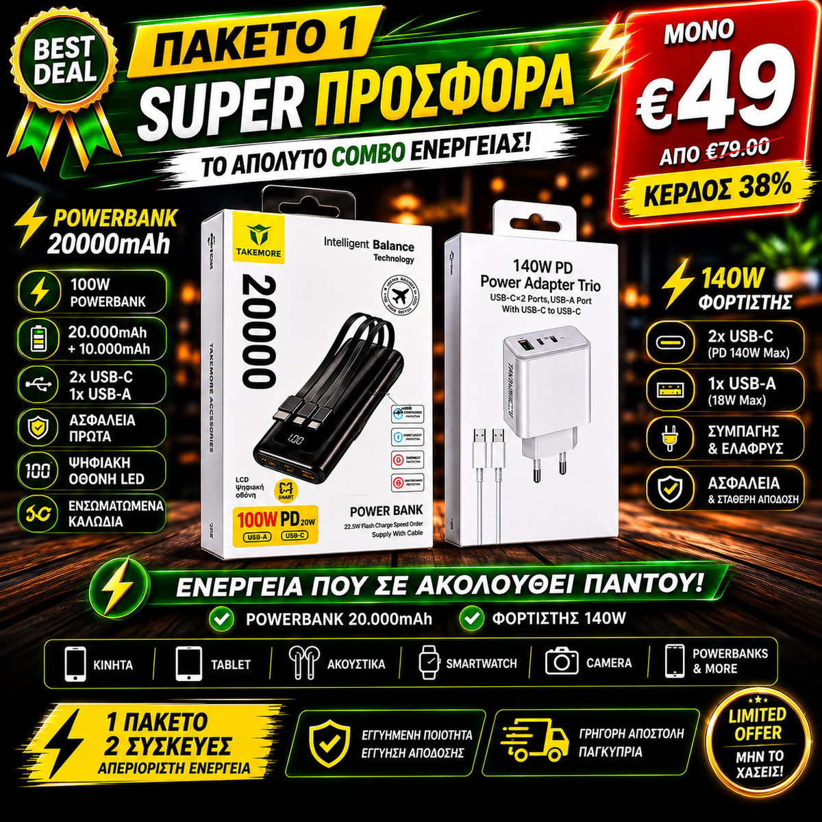 Powerbank 20,000mAh 100W + Free 140W Charger