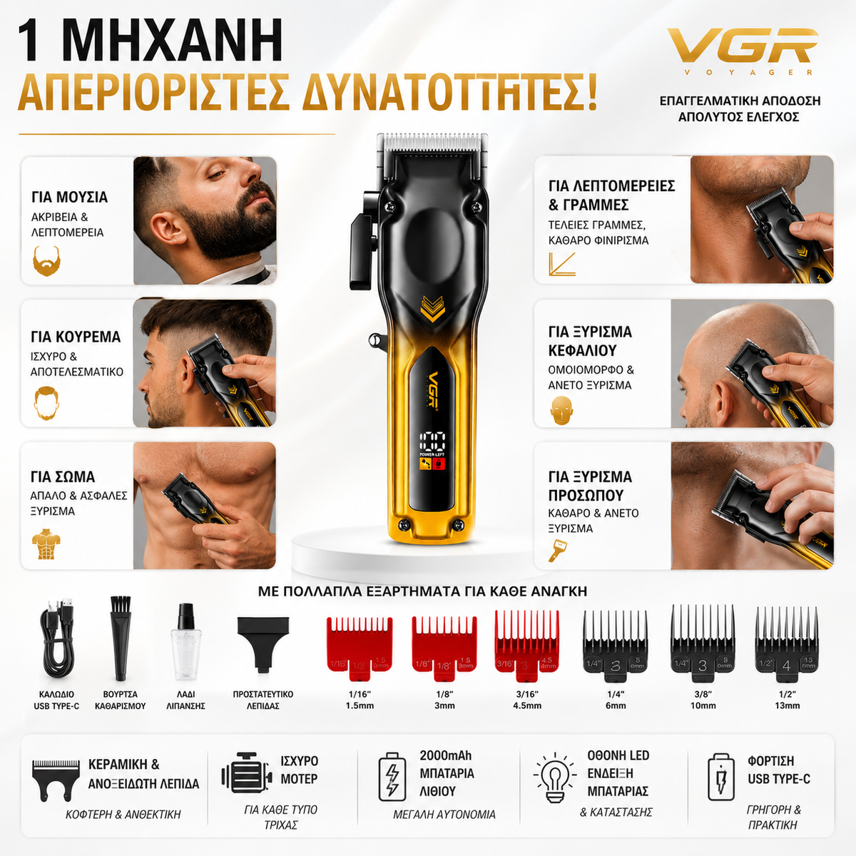 VGR Κουρευτική Μηχανή Μαλλιών & Γενειάδας και σώματος – Αδιάβροχη IPX6