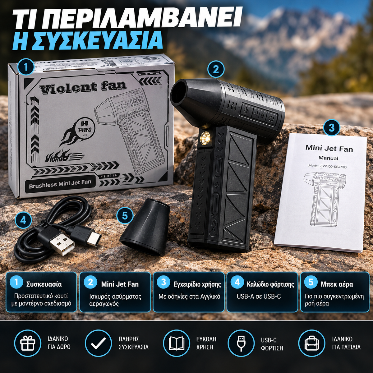 Mini Jet Fan 130.000 RPM – Επαναφορτιζόμενος Φυσητήρας Αέρα 5000mAh