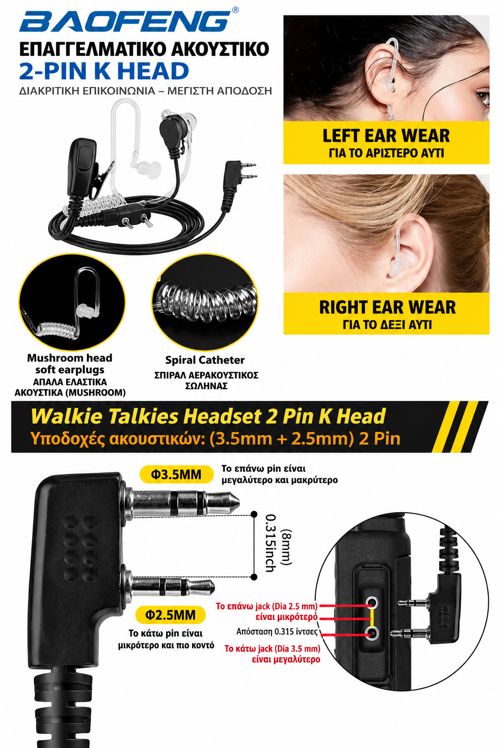 Ακουστικό Ασυρμάτου PTT K-Type 2-Pin με Acoustic Tube – Baofeng / Kenwood