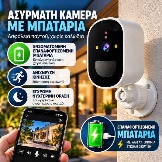Ασύρματη WiFi Κάμερα Μπαταρίας Εξωτερικού Χώρου – IP66, PIR & Night Vision