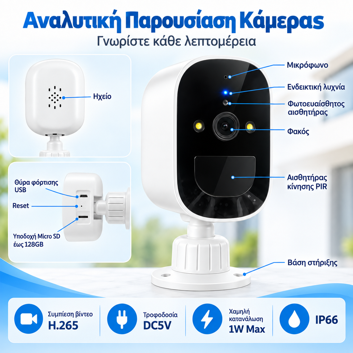 Ασύρματη WiFi Κάμερα Μπαταρίας Εξωτερικού Χώρου – IP66, PIR & Night Vision