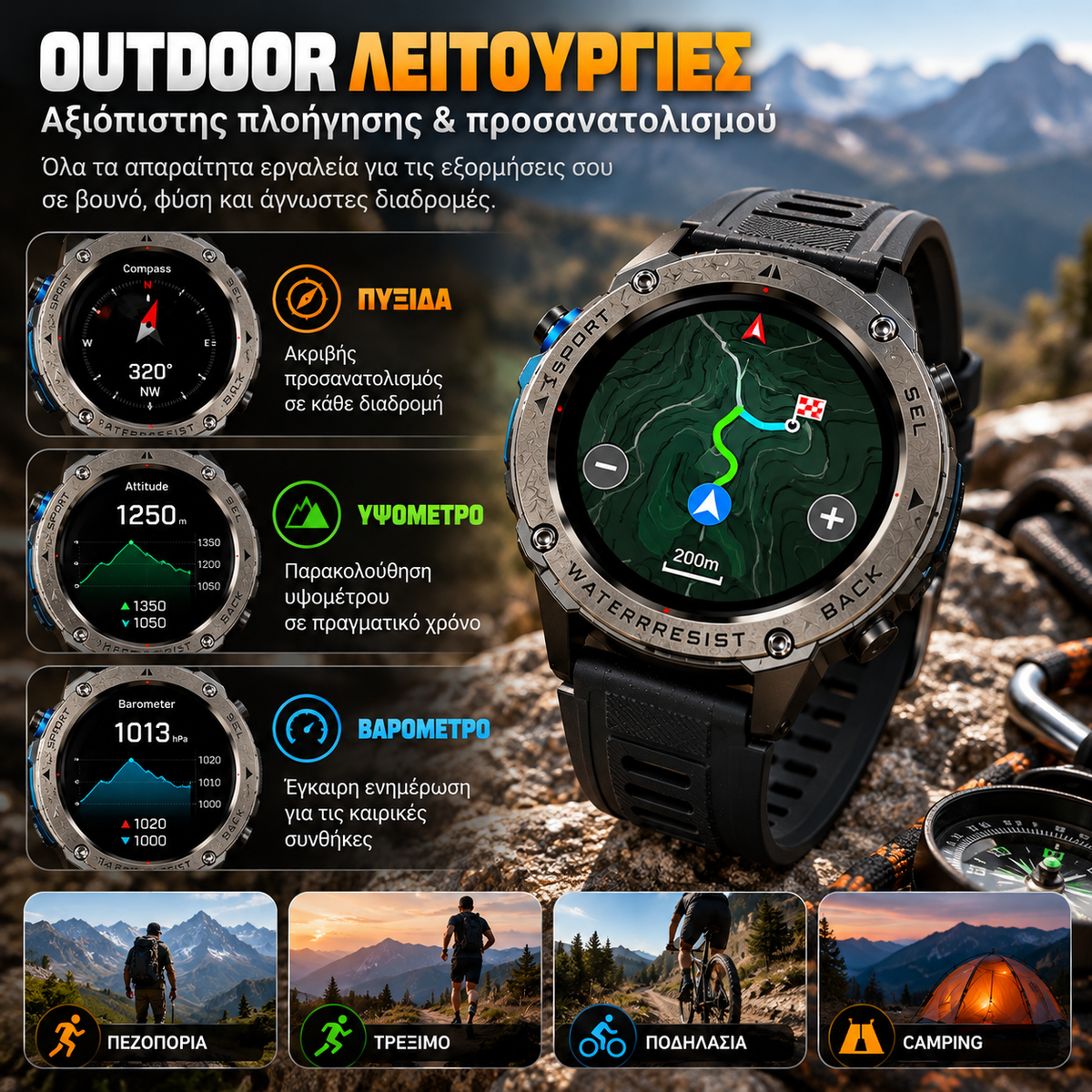 Fenix Smartwatch GPS με κλήσεις , υγεία, Υποστήριξη Strava & AMOLED Οθόνη