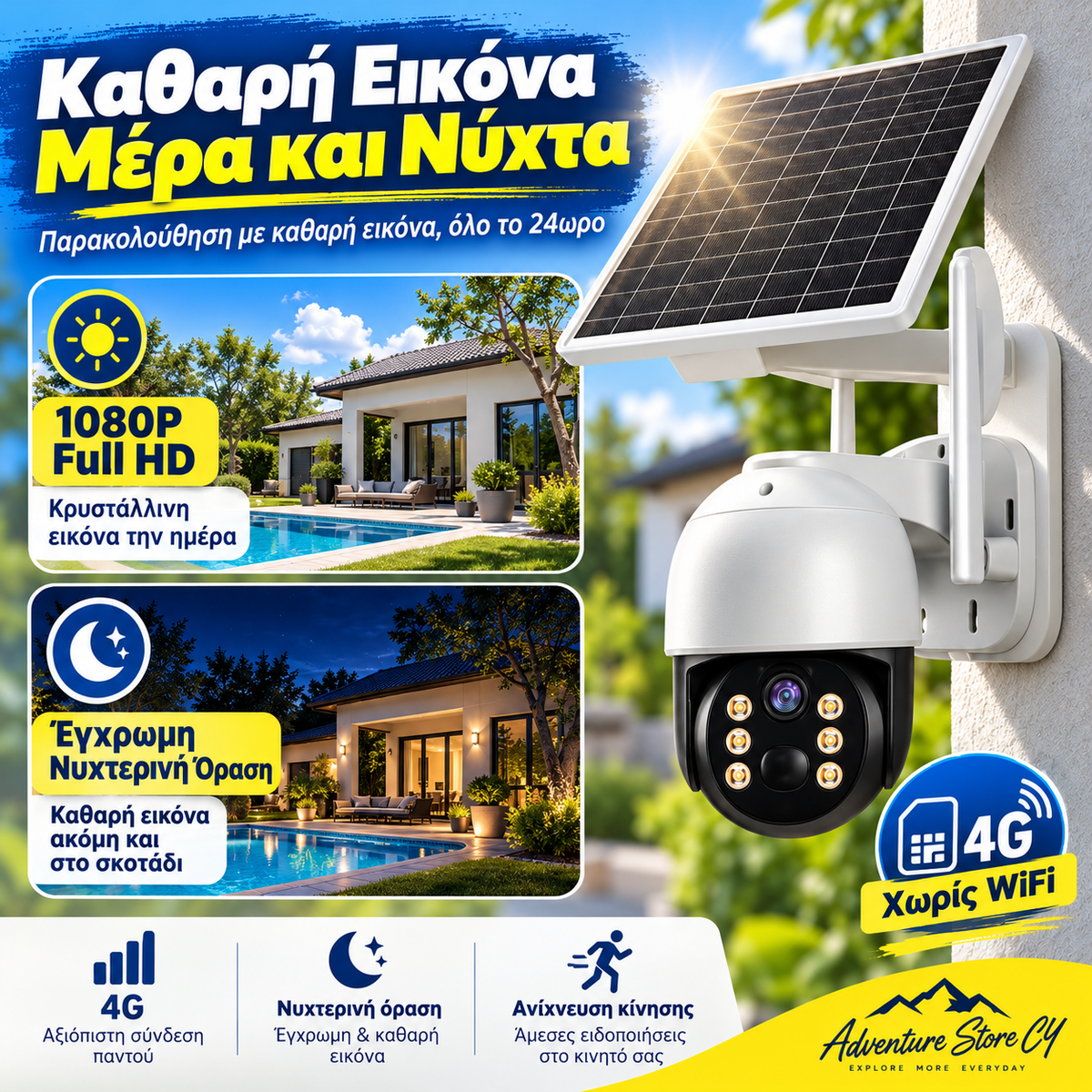 Ηλιακή Κάμερα Ασφαλείας 4G SIM PTZ – 1080P Full HD • IP66 • Χωρίς WiFi