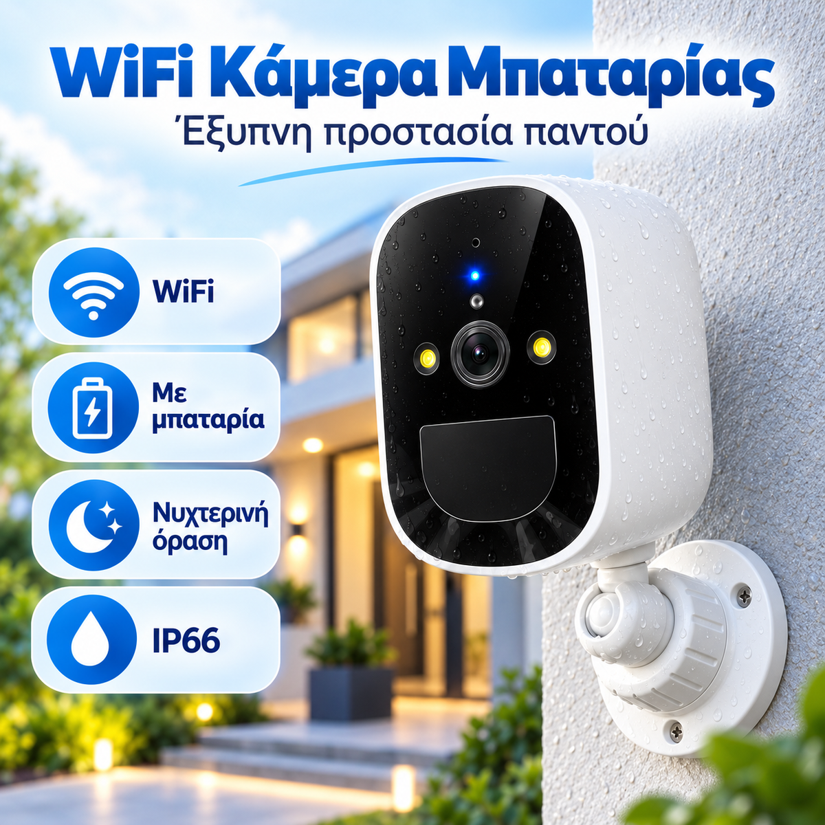 Ασύρματη WiFi Κάμερα Μπαταρίας Εξωτερικού Χώρου – IP66, PIR & Night Vision