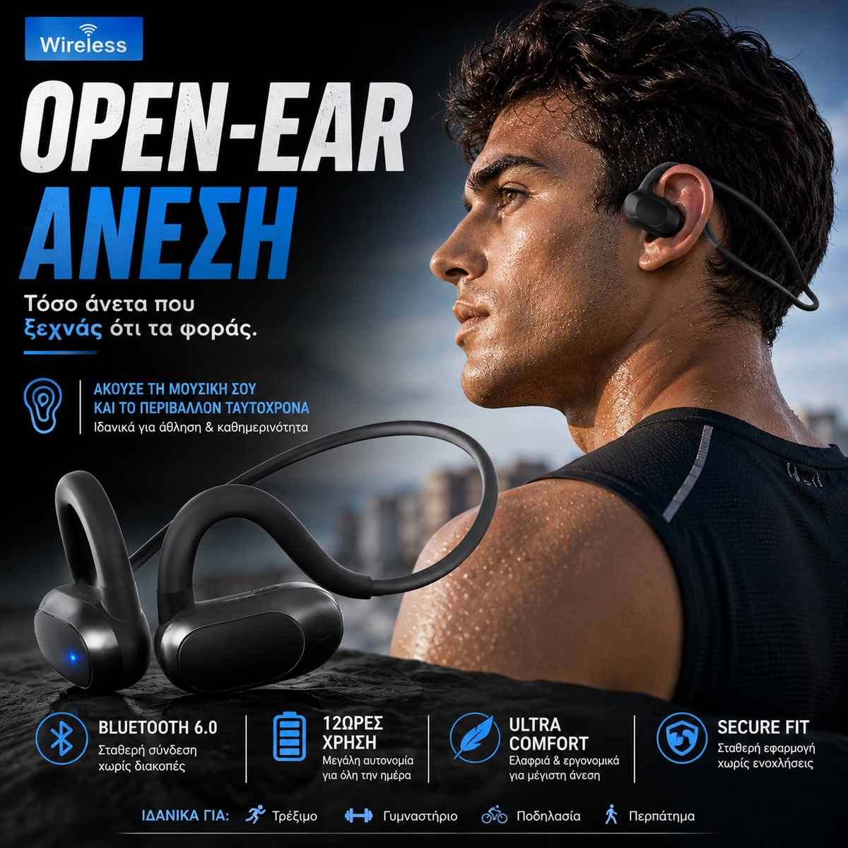 Ασύρματα Open-Ear Ακουστικά Bluetooth 6.0 – Sport & Calls