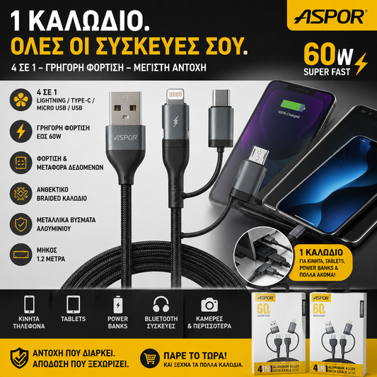 Καλώδιο Φόρτισης 4 σε 1 Super Fast 60W – USB / Lightning / Type-C / Micro USB (1.2m)