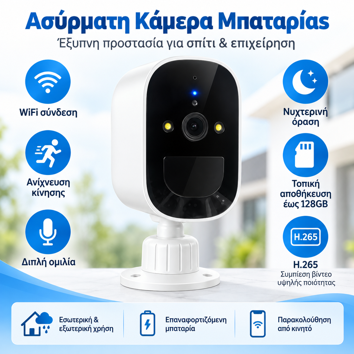 Ασύρματη WiFi Κάμερα Μπαταρίας Εξωτερικού Χώρου – IP66, PIR & Night Vision