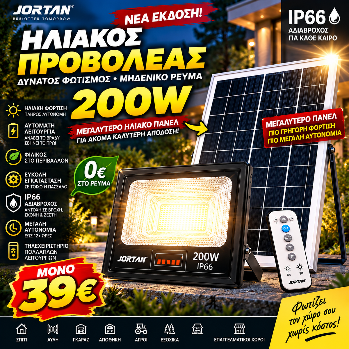 LED Solar Floodlight IP66 With Remote Control & Automatic Night Mode (200W – 500W-1200W)
