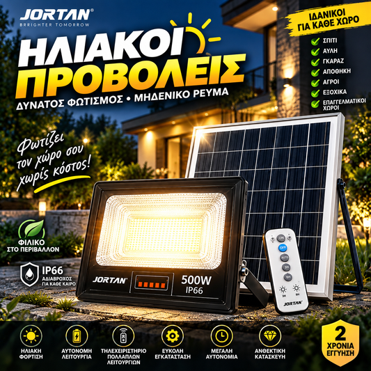 Ηλιακός Προβολέας LED IP66 Με Τηλεχειριστήριο & Αυτόματη Νυχτερινή Λειτουργία  (200W – 500W-1200W)