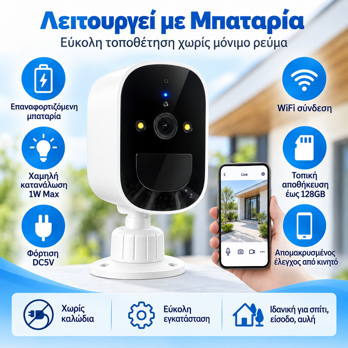 Ασύρματη WiFi Κάμερα Μπαταρίας Εξωτερικού Χώρου – IP66, PIR & Night Vision