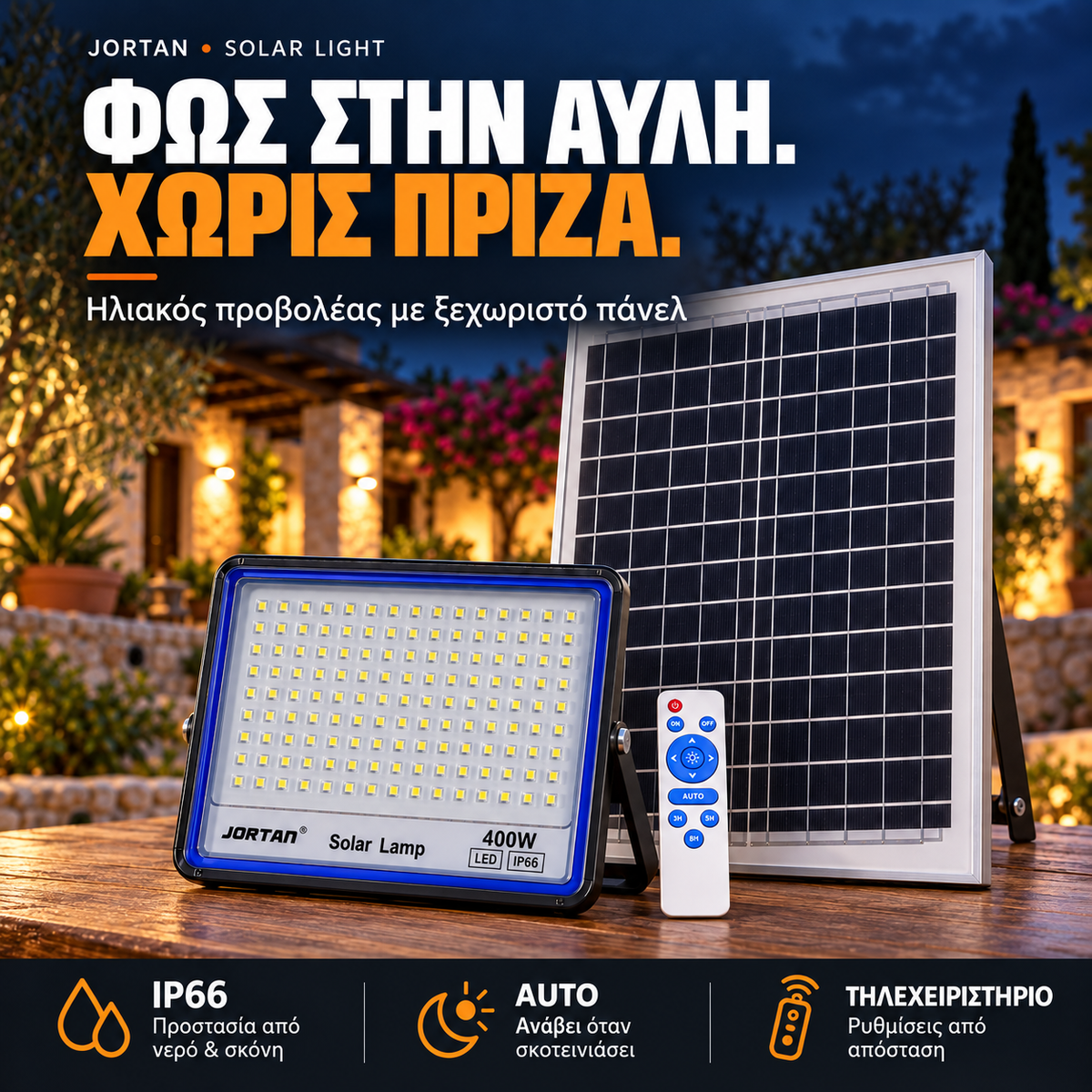 JORTAN 800W Ηλιακός Προβολέας LED IP66 με Πάνελ & Τηλεχειριστήριο