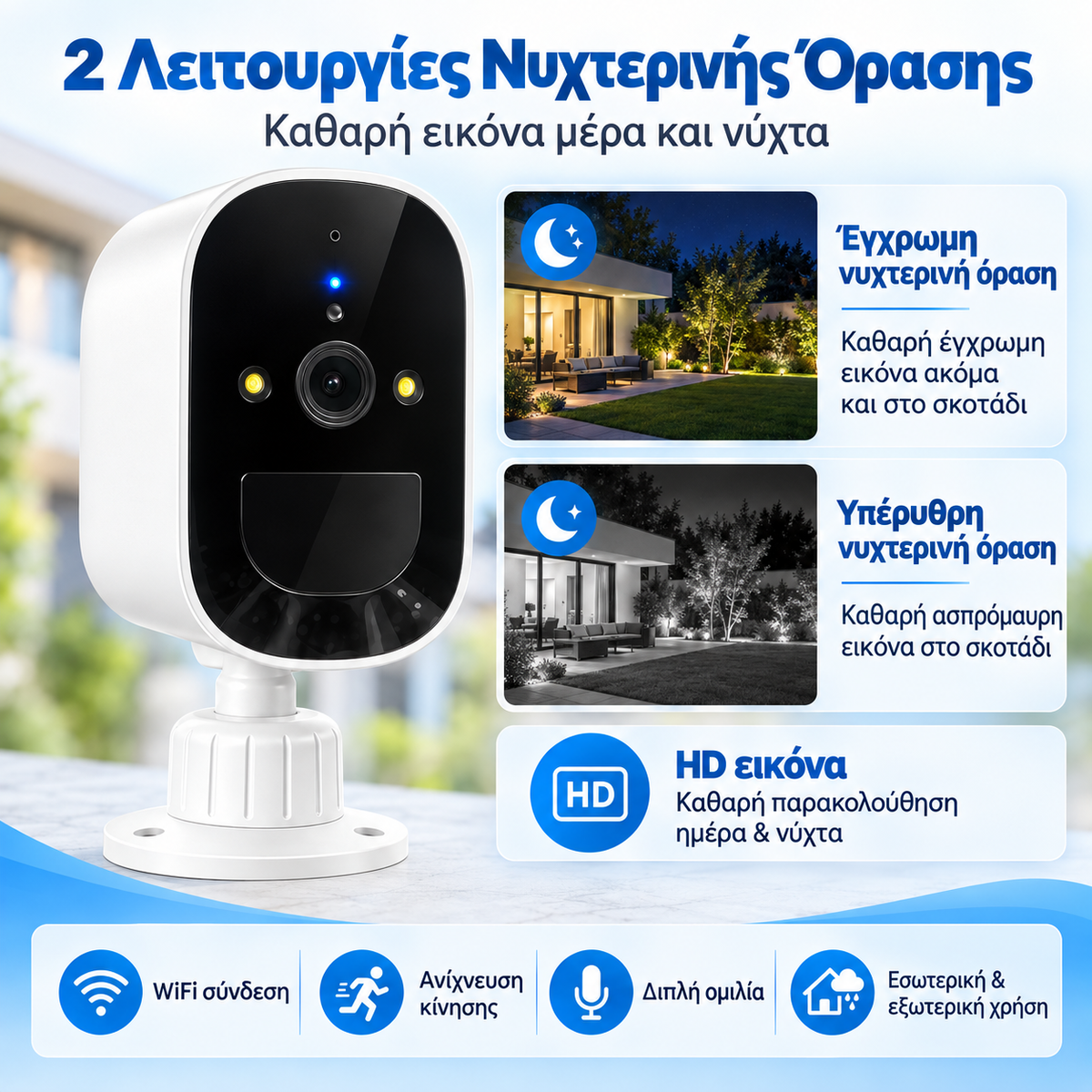 Ασύρματη WiFi Κάμερα Μπαταρίας Εξωτερικού Χώρου – IP66, PIR & Night Vision