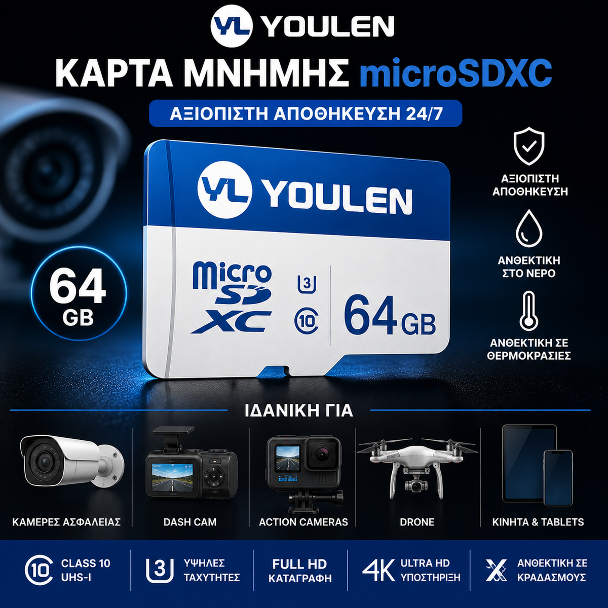 microSD Memory Card for 24/7 Security Cameras (64GB / 128GB)