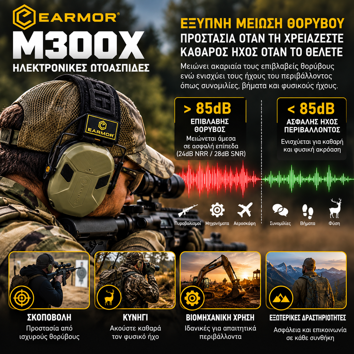 EARMOR M300X Ηλεκτρονικές Ωτοασπίδες Σκοποβολής – 4 Μικρόφωνα 360°