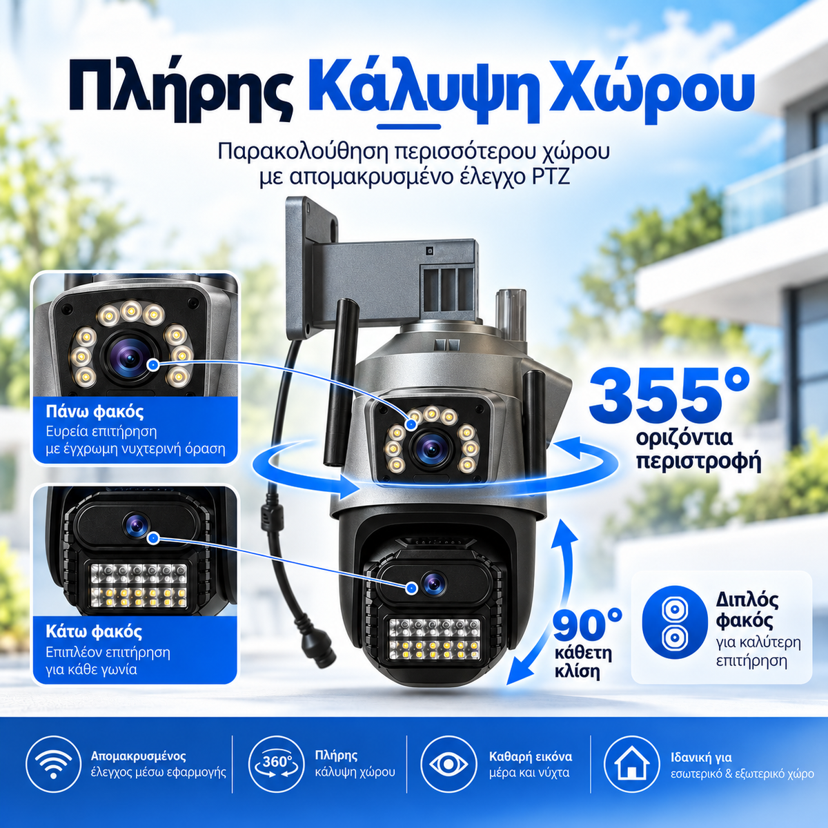 WiFi PTZ Κάμερα Ασφαλείας Διπλού Φακού 1080P – 355° • IP66