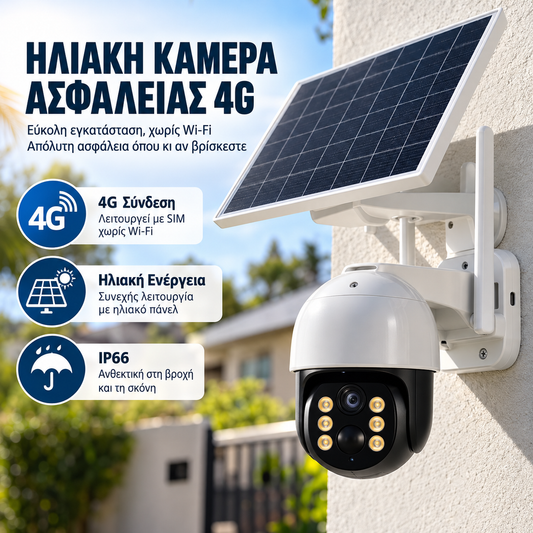 Ηλιακή Κάμερα Ασφαλείας 4G SIM PTZ – 1080P Full HD • IP66 • Χωρίς WiFi