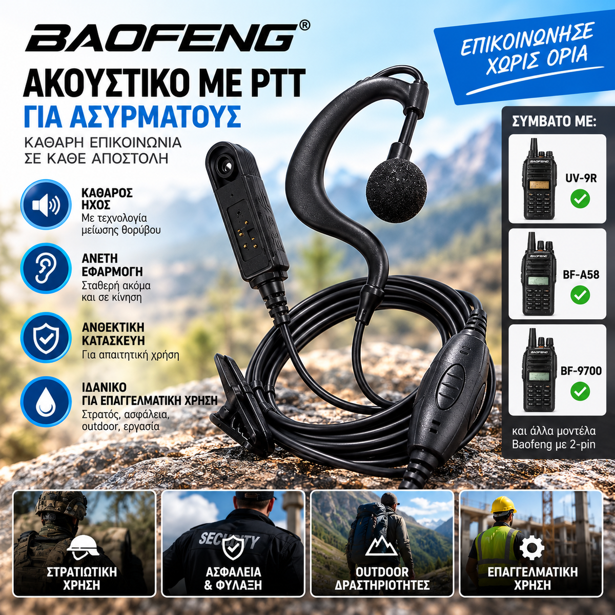 Baofeng Ακουστικό PTT με Μικρόφωνο – UV-9R Plus / BF-A58 / BF-9700