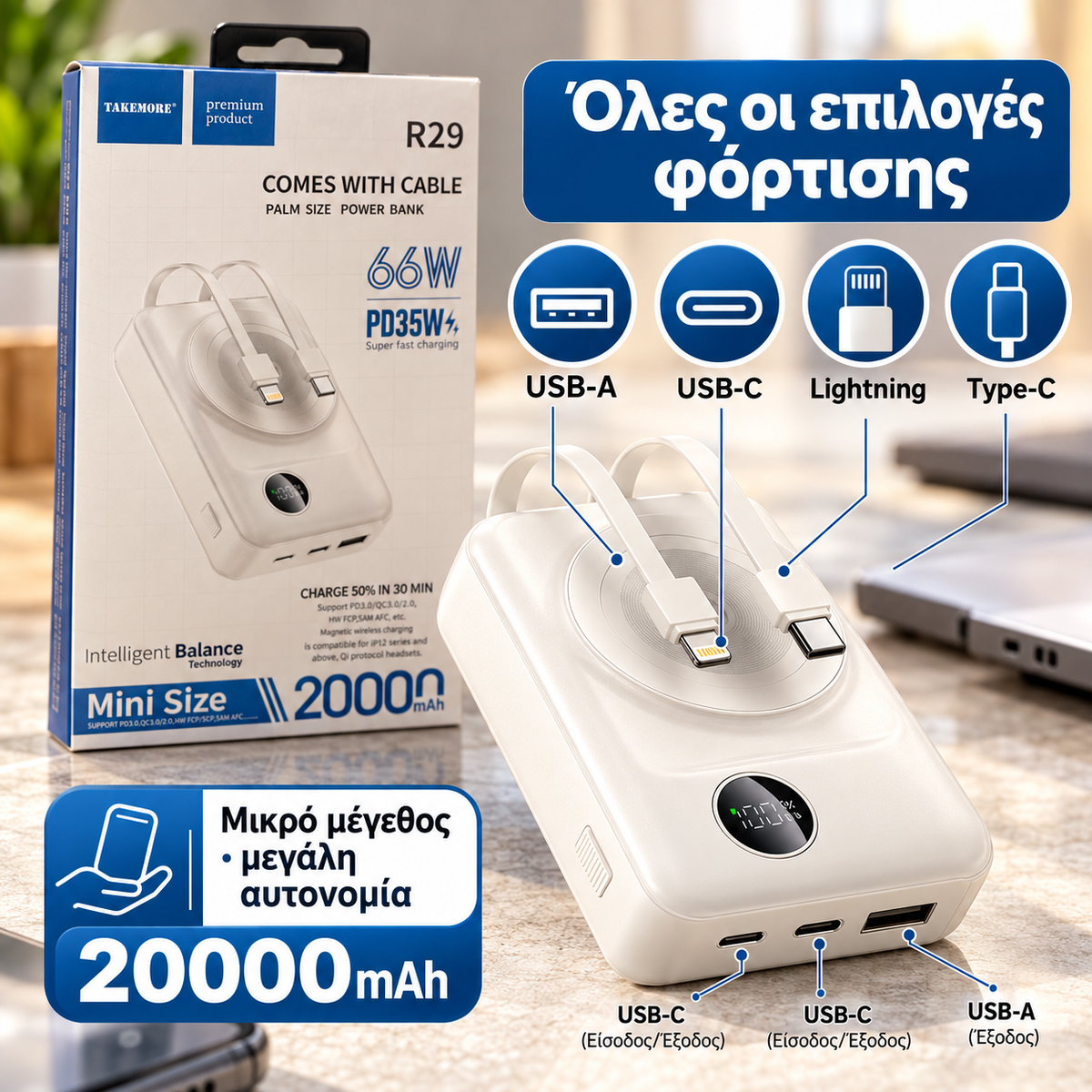 TAKEMORE Mini Power Bank 20.000mAh – Μαγνητική Φόρτιση & Ενσωματωμένα Καλώδια