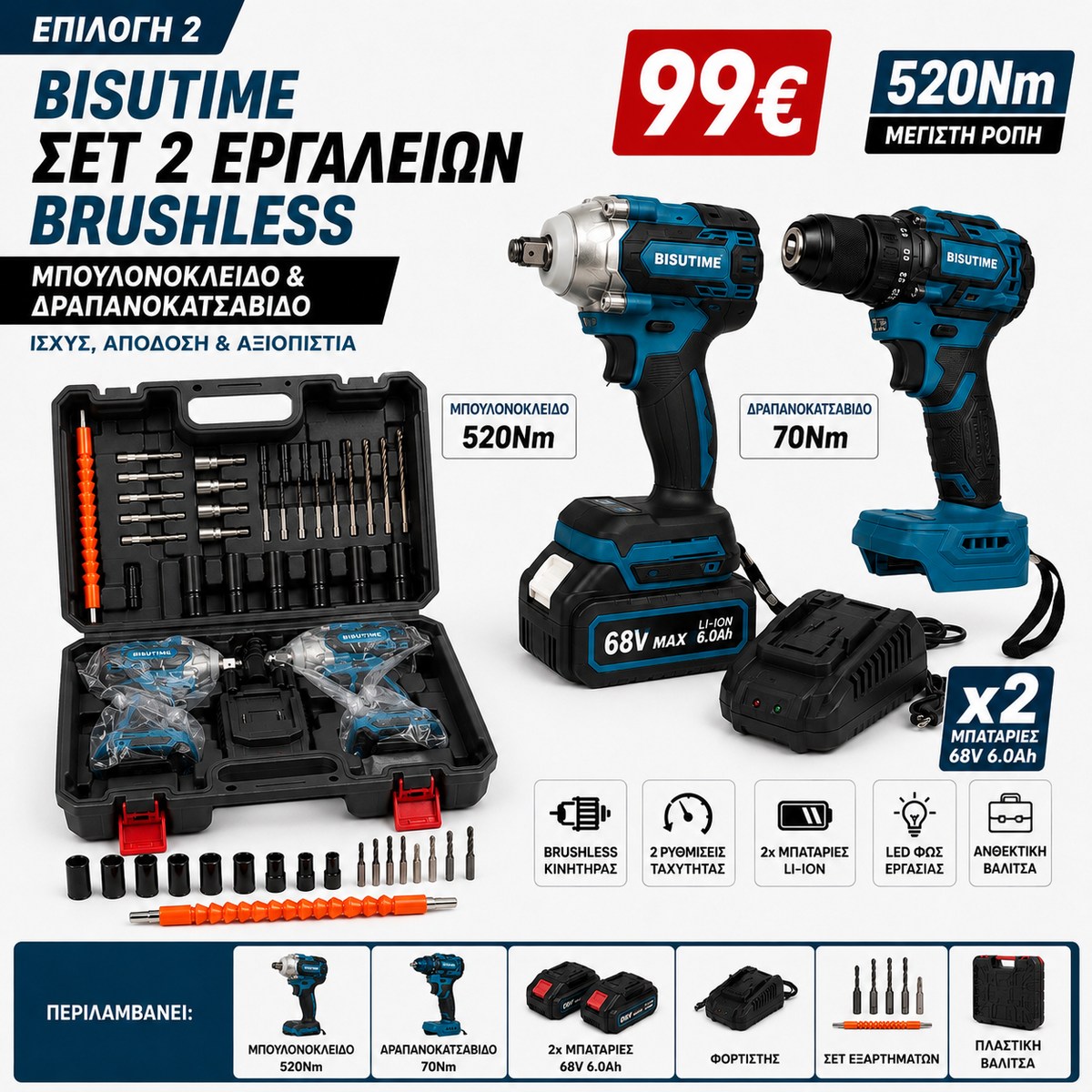 BISUTIME Brushless Tool Set – 520Nm Impact Wrench & Drill/Driver with 2 Batteries | 2 Options