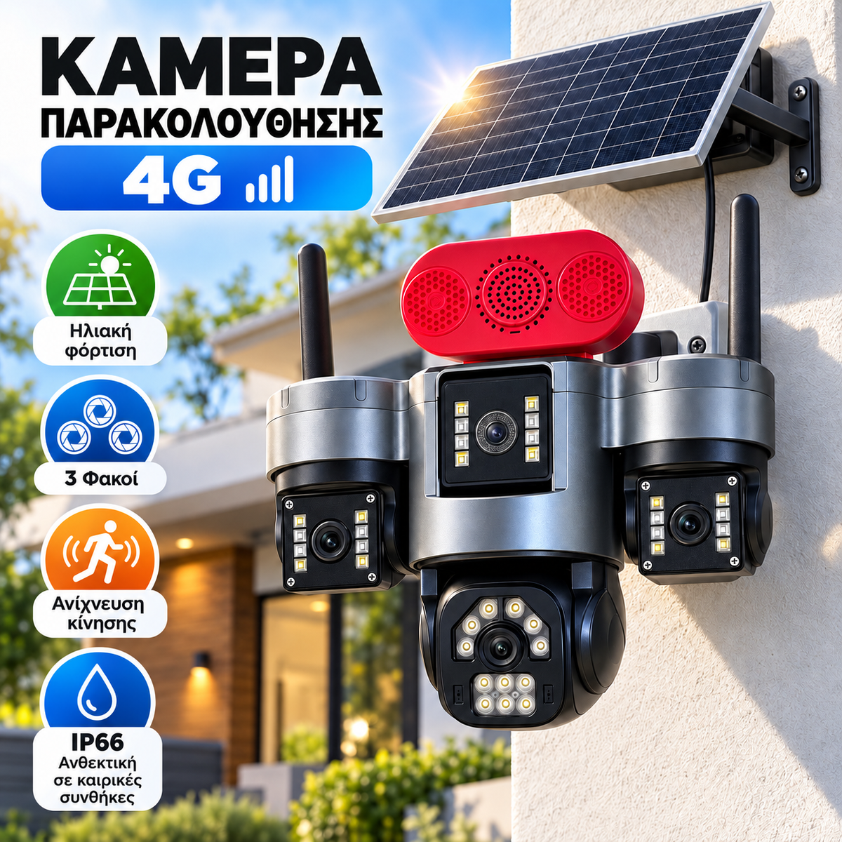 Ηλιακή Triple Κάμερα Παρακολούθησης 4G με 3 Φακούς & Περιστροφή 355°