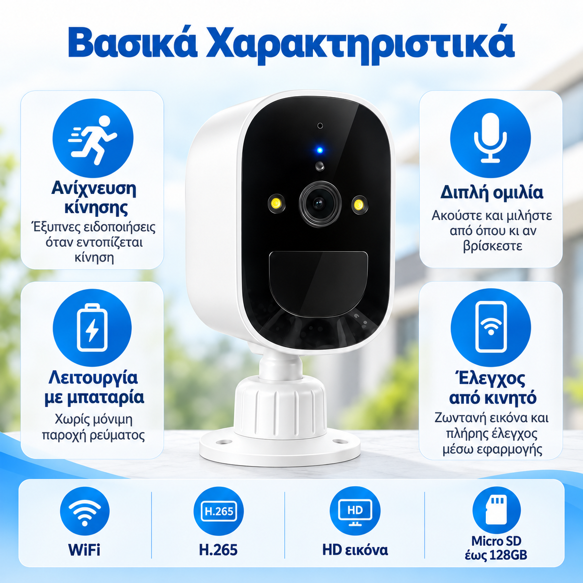 Ασύρματη WiFi Κάμερα Μπαταρίας Εξωτερικού Χώρου – IP66, PIR & Night Vision