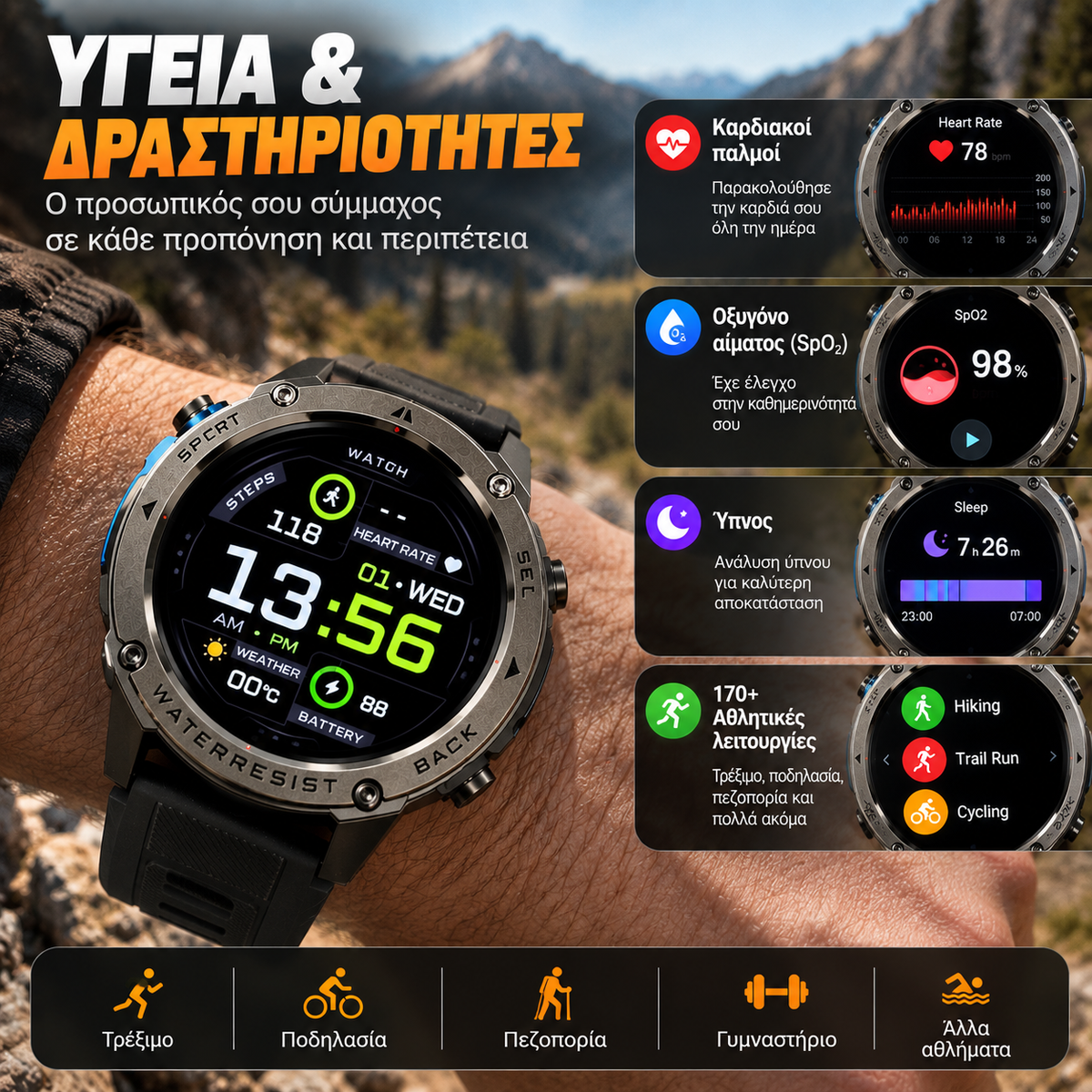 Fenix Smartwatch GPS με κλήσεις , υγεία, Υποστήριξη Strava & AMOLED Οθόνη