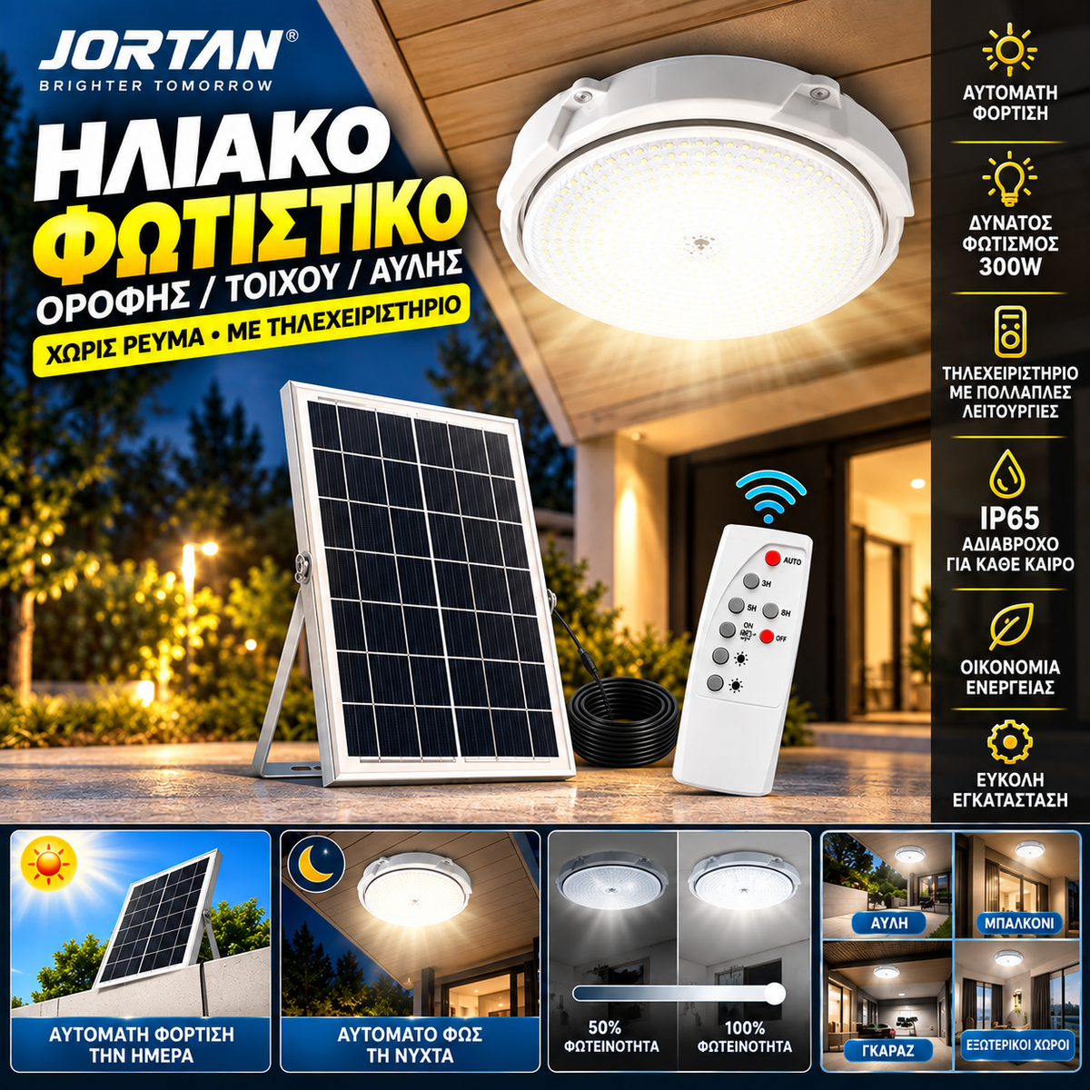 Ηλιακό Φωτιστικό Οροφής LED με Τηλεχειριστήριο & Ξεχωριστό Solar Panel
