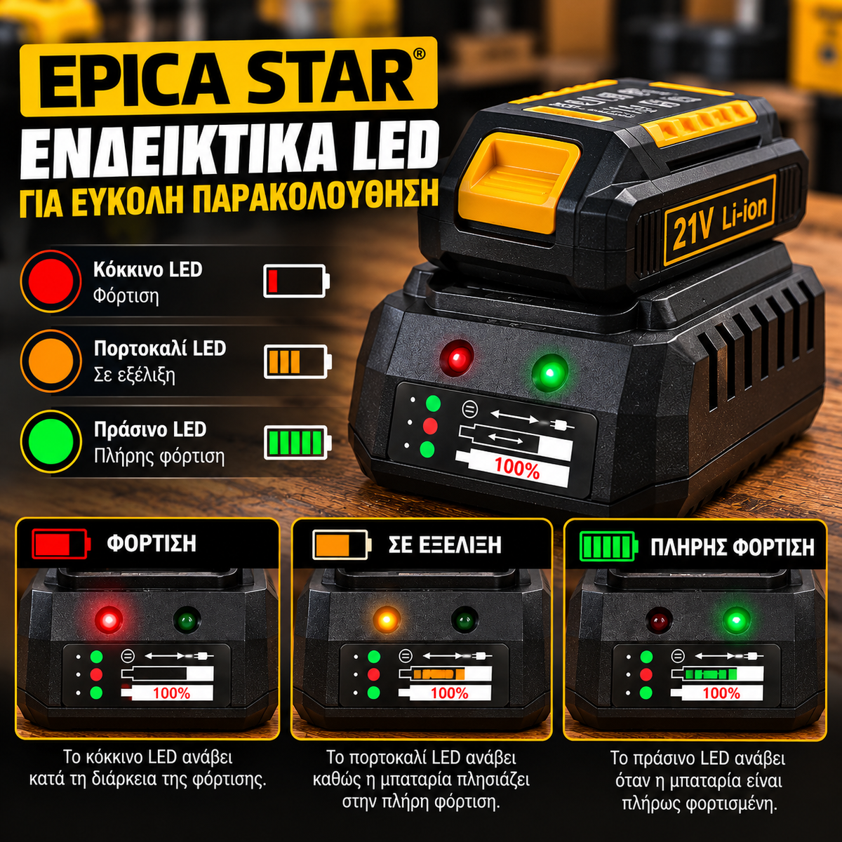 EPICA STAR Φορτιστής Μπαταριών Li-ion 21V – 2.0Ah / 3.0Ah