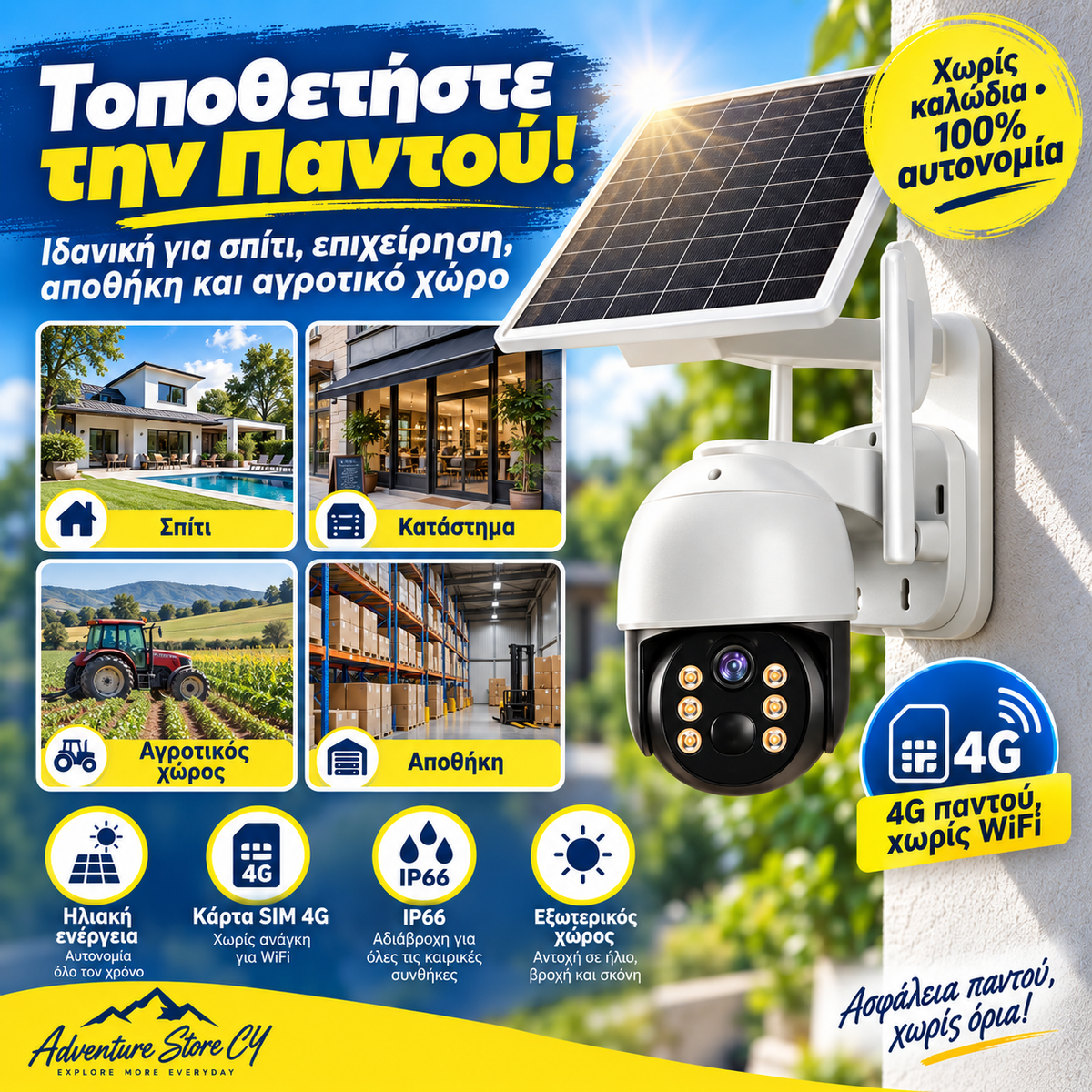 Ηλιακή Κάμερα Ασφαλείας 4G SIM PTZ – 1080P Full HD • IP66 • Χωρίς WiFi