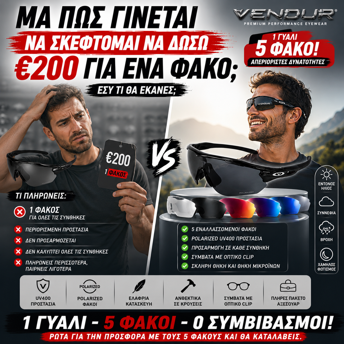 Vendur® Γυαλιά Ηλίου UV400 Polarized με 5 Φακούς